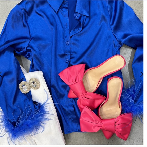 Royal Blue silk Blouse with Blue feather detail at cuff - Picture 5 of 11